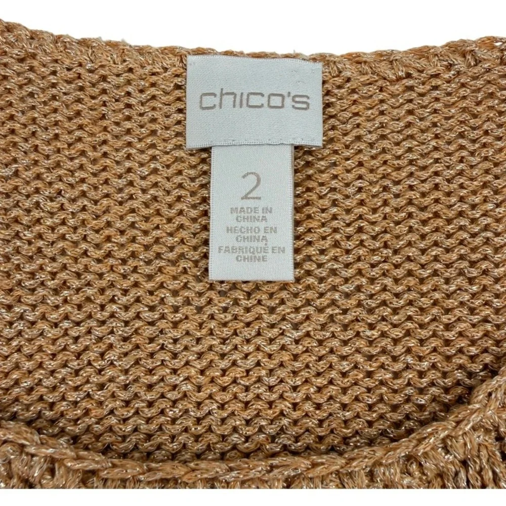 CHICOS Size Large Short Sleeve Sweater Peach Metallic Knit Pointelle Easter Wear